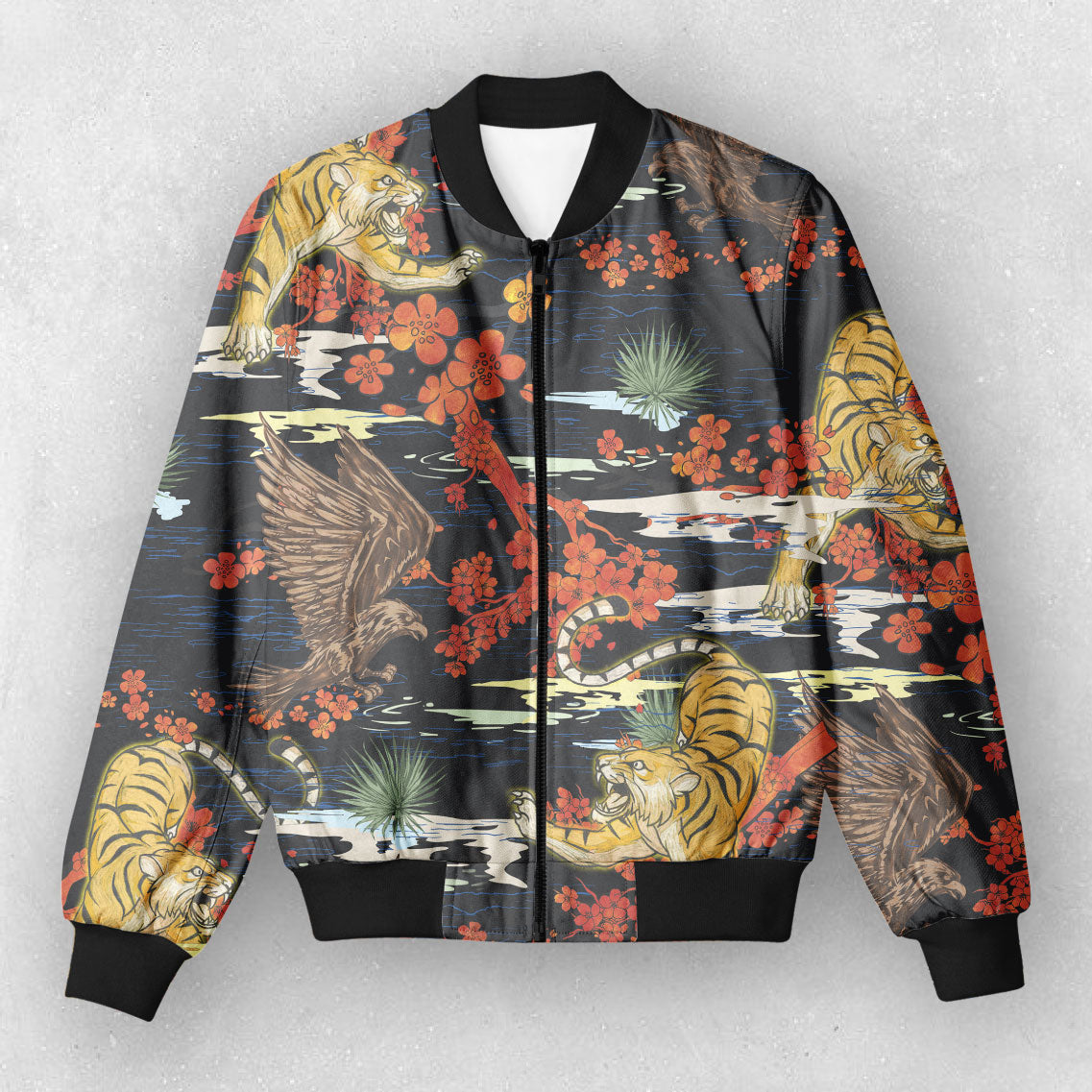 BLACK - EAGLE TIGER PRINT BOMBER JACKET