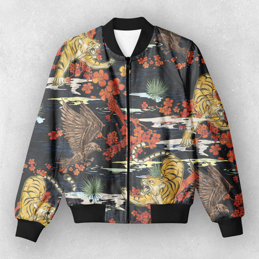 BLACK - EAGLE TIGER PRINT BOMBER JACKET