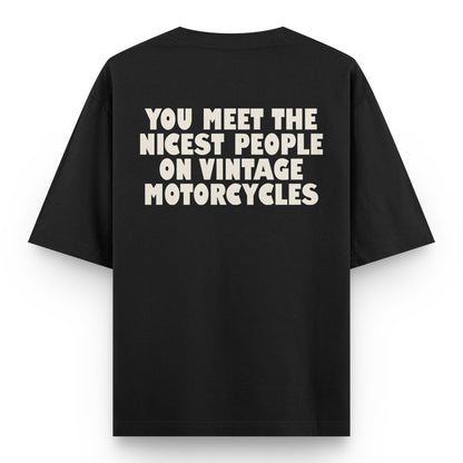 NICE PEOPLE ON VINTAGE MOTORCYCLE T-SHIRT, BLACK | Express Changos